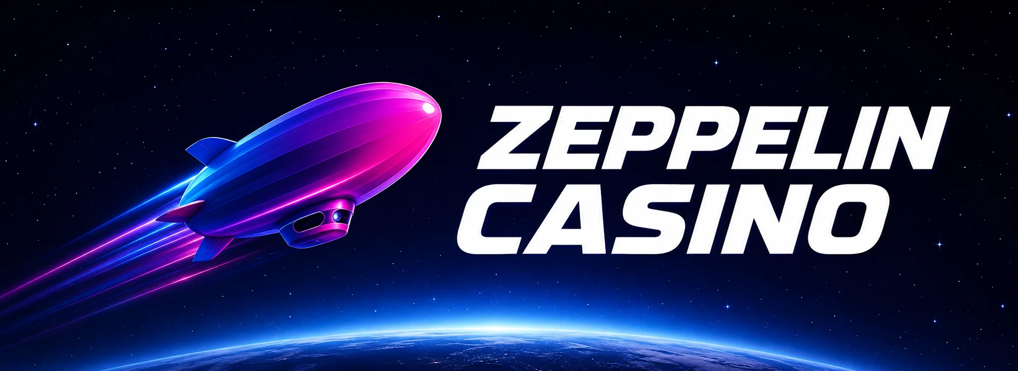 Dirigeable Zeppelin Casino sur un ciel étoilé avec un dégradé bleu vers magenta